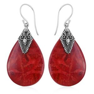 Drop Earrings Sterling Silver Antique Silver Vintage Deep Color Red Coral Pear